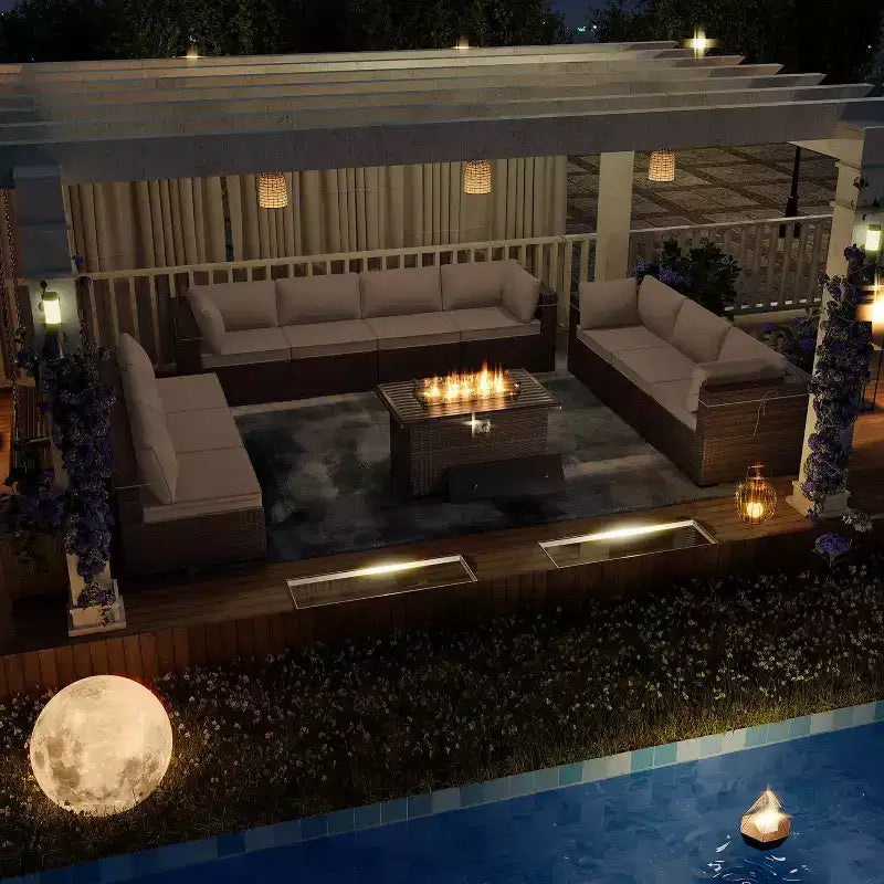 Ensemble de mobilier de patio ALAULM de 11 pièces, ensemble de conversation extérieur en osier de rotin, canapé avec table brasero au propane de 43in