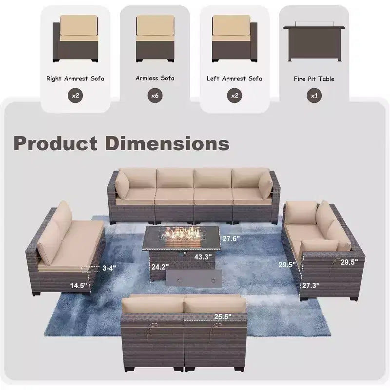 Ensemble de mobilier de patio ALAULM de 11 pièces, ensemble de conversation extérieur en osier de rotin, canapé avec table brasero au propane de 43in