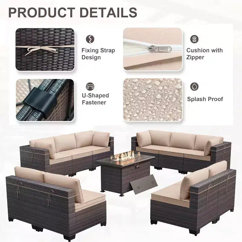 Ensemble de mobilier de patio ALAULM de 11 pièces, ensemble de conversation extérieur en osier de rotin, canapé avec table brasero au propane de 43in