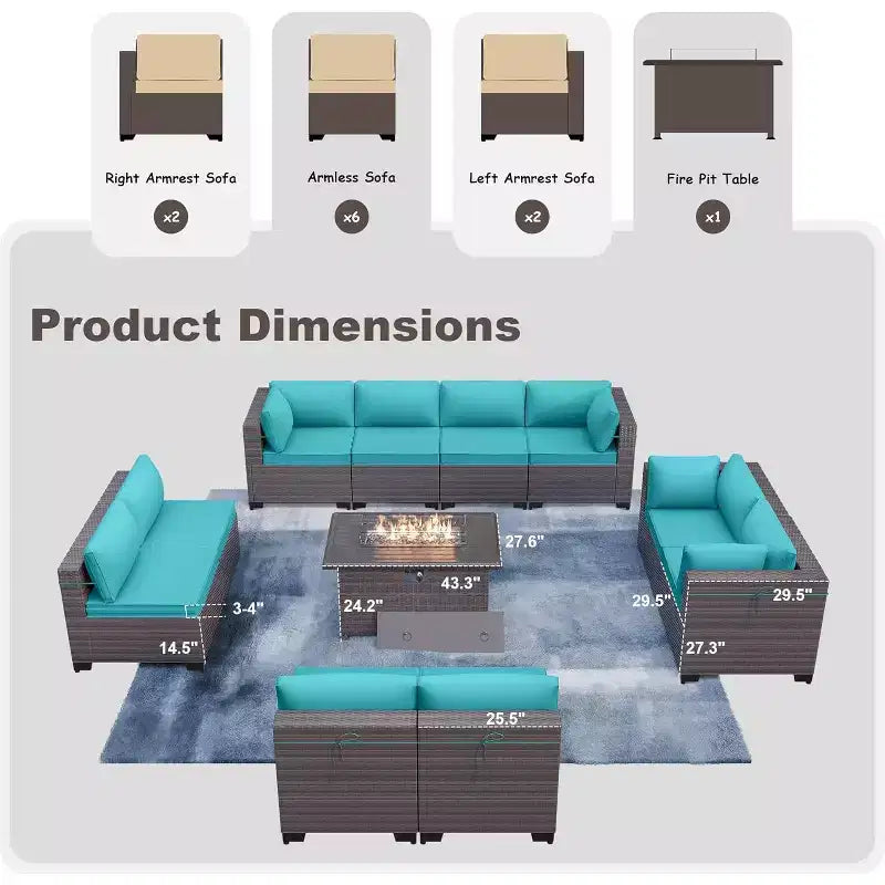 Ensemble de mobilier de patio ALAULM de 11 pièces, ensemble de conversation extérieur en osier de rotin, canapé avec table brasero au propane de 43in