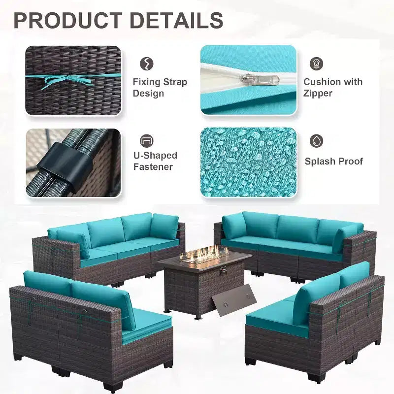 Ensemble de mobilier de patio ALAULM de 11 pièces, ensemble de conversation extérieur en osier de rotin, canapé avec table brasero au propane de 43in