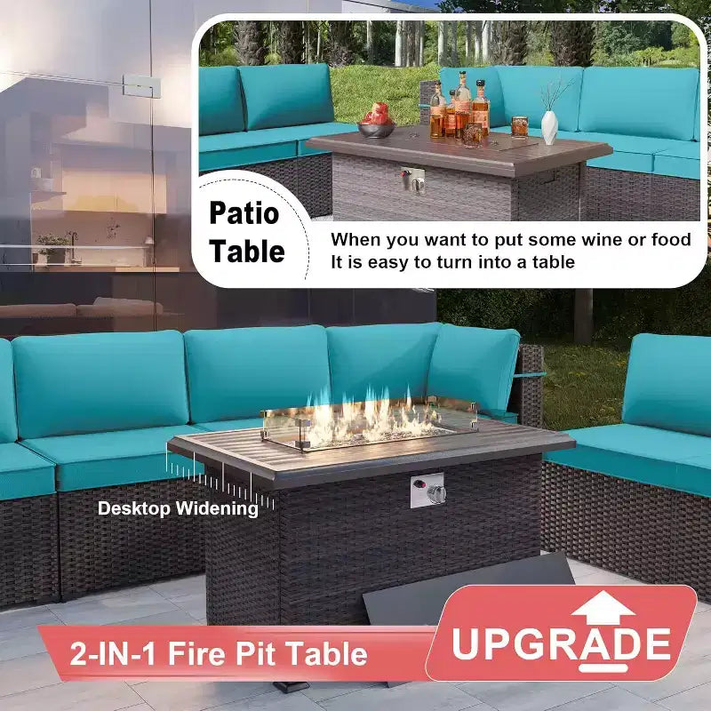 Ensemble de mobilier de patio ALAULM de 11 pièces, ensemble de conversation extérieur en osier de rotin, canapé avec table brasero au propane de 43in