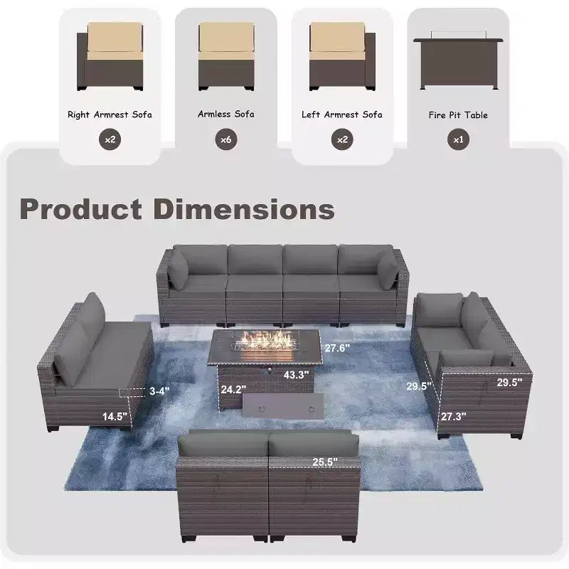 Ensemble de mobilier de patio ALAULM de 11 pièces, ensemble de conversation extérieur en osier de rotin, canapé avec table brasero au propane de 43in
