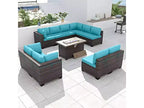 ALAULM 11 Pieces Patio Furniture Set, Rattan Wicker Outdoor Conversation Sets, Furniture Sofa Set w/43in Propane Fire Pit Table