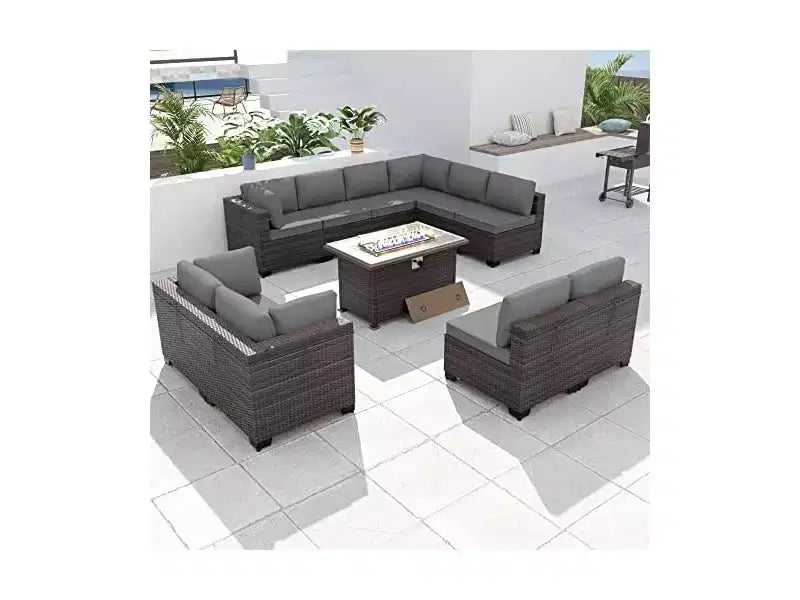 ALAULM 11-delige tuinmeubelset, loungeset voor buiten van rotan en vlechtwerk, bankstel met vuurtafel op propaan van 43in