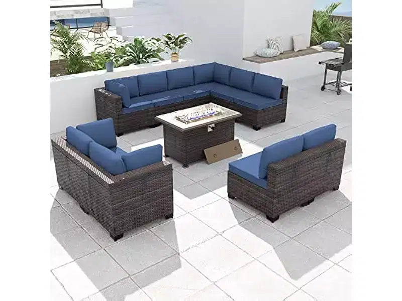 ALAULM 11-delige tuinmeubelset, loungeset voor buiten van rotan en vlechtwerk, bankstel met vuurtafel op propaan van 43in