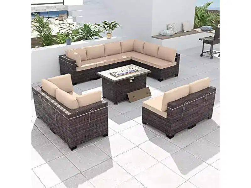 ALAULM 11-delige tuinmeubelset, loungeset voor buiten van rotan en vlechtwerk, bankstel met vuurtafel op propaan van 43in