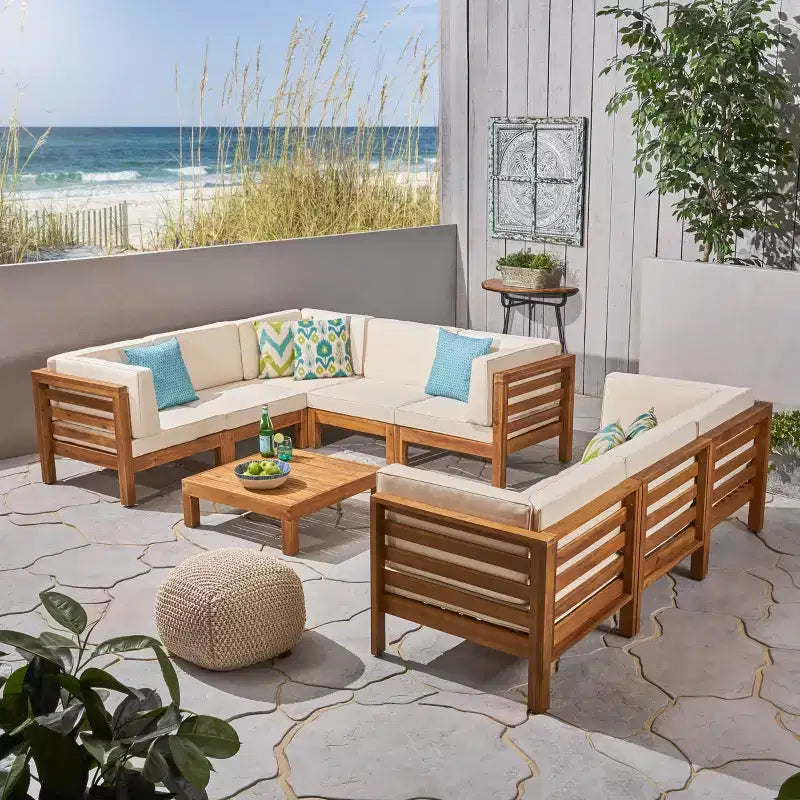 Christopher Knight Home Oana Outdoor Acacia Wood 8 Seater Sectional Sofa Set with Cushions