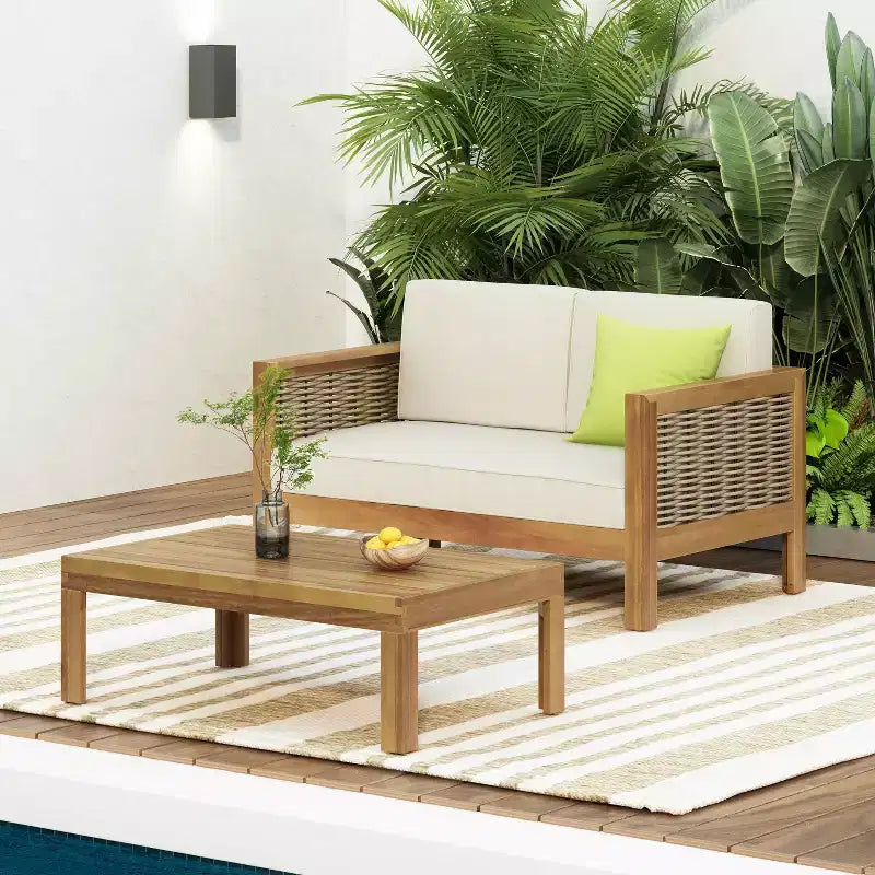 GDFStudio Allegra Outdoor Acacia Wood and Wicker Loveseat and Coffee Table Set with Cushions