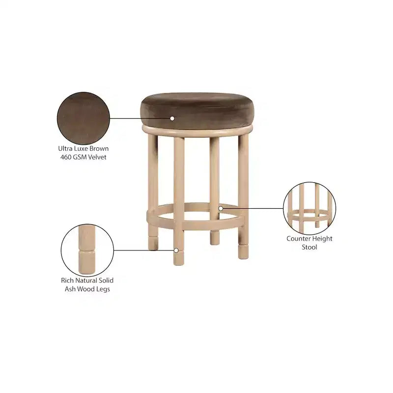 Brown Velvet Counter Stool with Wood Legs