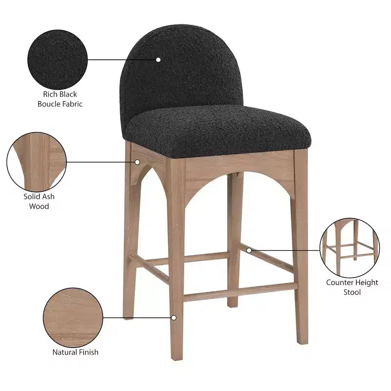 Black Boucle Fabric Counter Stool with Ash Wood Frame