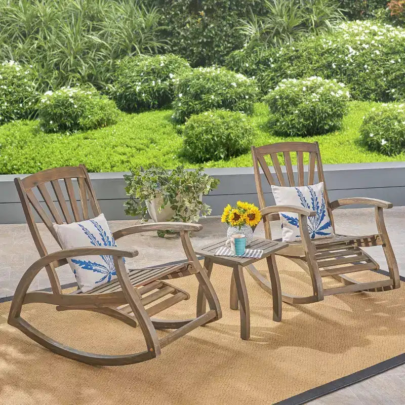 Christopher Knight Home Sunview Outdoor Acacia Wood 3 Piece Recliner Rocking Chair Chat Set