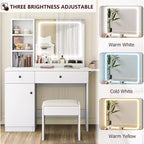 GustoWave Modern LED Vanity Set - Faux Leather Seat & Eco-Friendly Particle Board, 3 Light Modes Makeup Mirror - Dressing Table with Drawers & Shelves