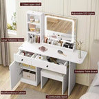 GustoWave Modern LED Vanity Set - Faux Leather Seat & Eco-Friendly Particle Board, 3 Light Modes Makeup Mirror - Dressing Table with Drawers & Shelves
