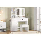 GustoWave Modern LED Vanity Set - Faux Leather Seat & Eco-Friendly Particle Board, 3 Light Modes Makeup Mirror - Dressing Table with Drawers & Shelves