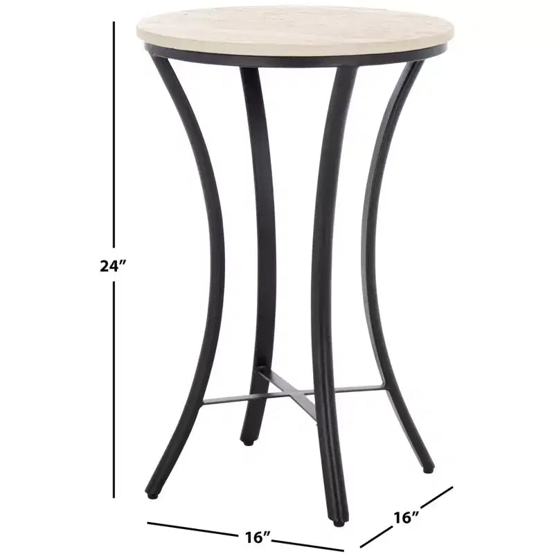Round Iron and Marble Accent Table - Beige & Black