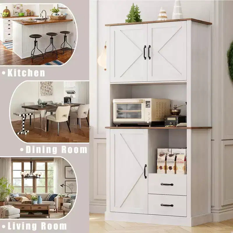Tall Freestanding Pantry Cabinet with 2 Drawers, 3 Cabinet Doors and Open Microwave Shelf