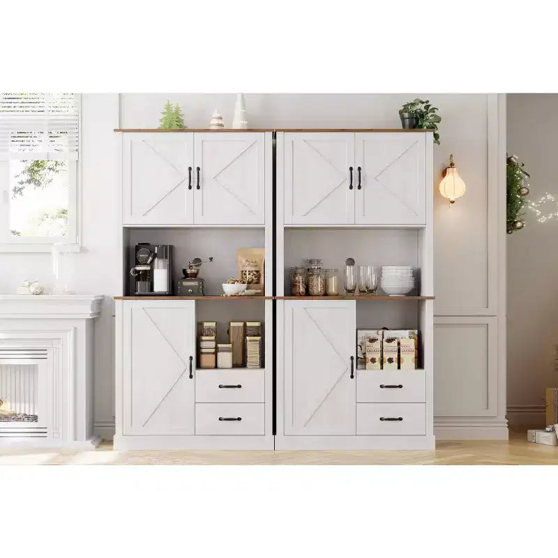 Tall Freestanding Pantry Cabinet with 2 Drawers, 3 Cabinet Doors and Open Microwave Shelf