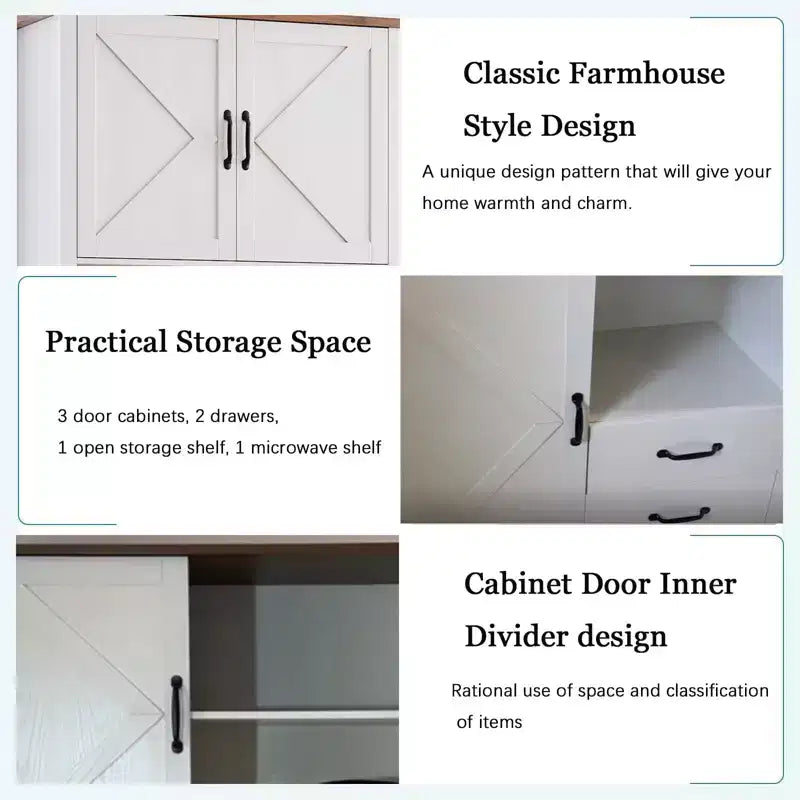 Tall Freestanding Pantry Cabinet with 2 Drawers, 3 Cabinet Doors and Open Microwave Shelf