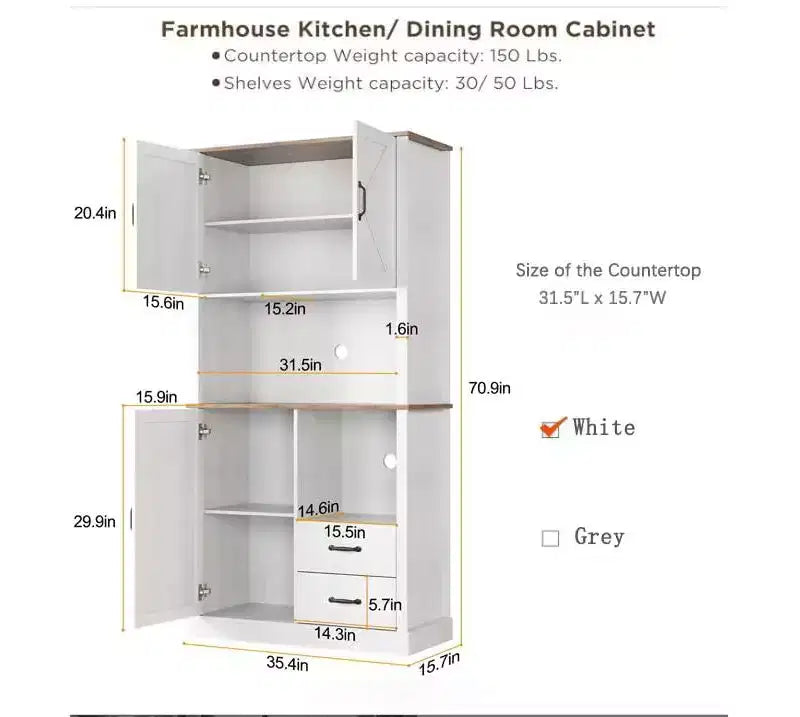 Tall Freestanding Pantry Cabinet with 2 Drawers, 3 Cabinet Doors and Open Microwave Shelf