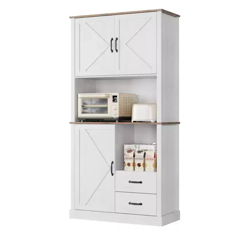 Tall Freestanding Pantry Cabinet with 2 Drawers, 3 Cabinet Doors and Open Microwave Shelf