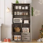 Tall Freestanding Pantry Cabinet with 2 Drawers, 3 Cabinet Doors and Open Microwave Shelf