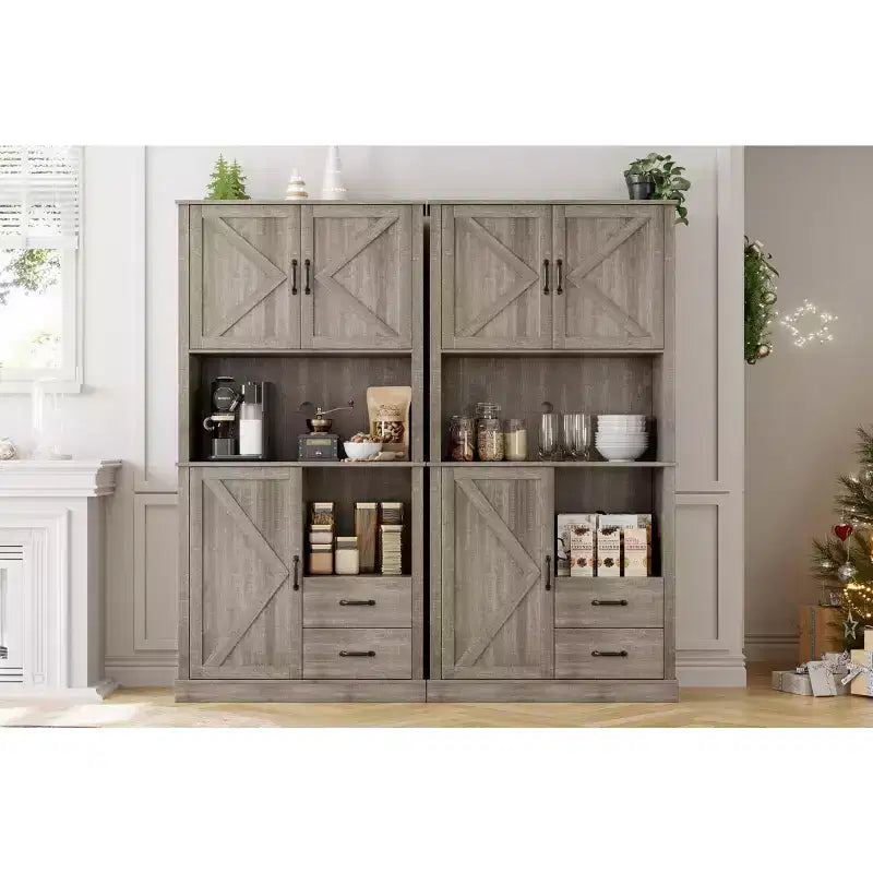 Tall Freestanding Pantry Cabinet with 2 Drawers, 3 Cabinet Doors and Open Microwave Shelf