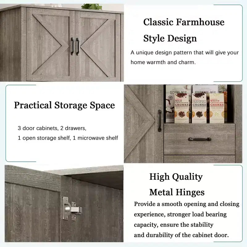 Tall Freestanding Pantry Cabinet with 2 Drawers, 3 Cabinet Doors and Open Microwave Shelf