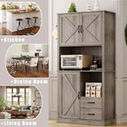 Tall Freestanding Pantry Cabinet with 2 Drawers, 3 Cabinet Doors and Open Microwave Shelf