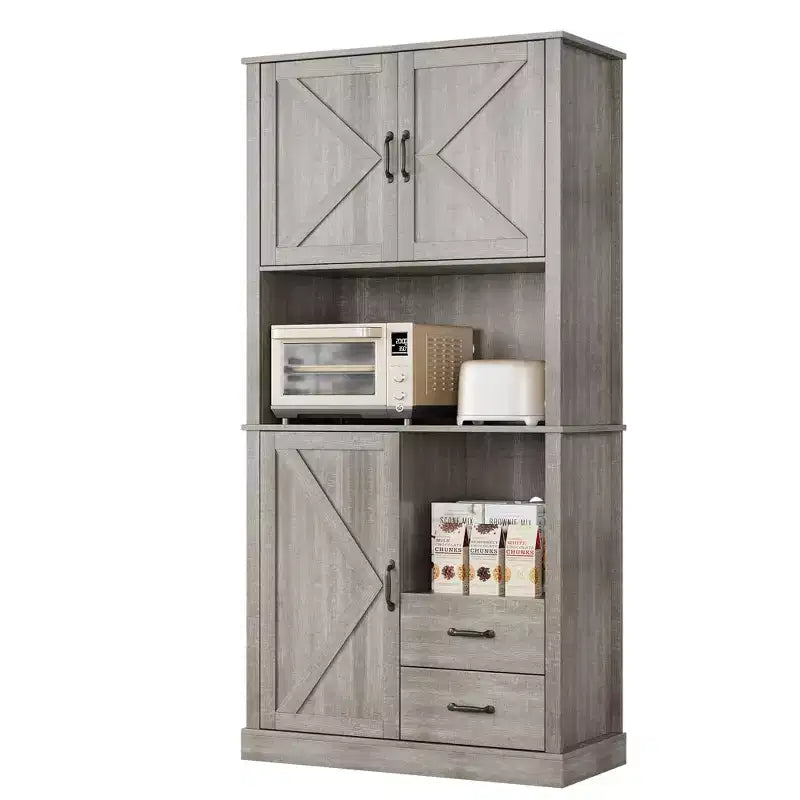 Tall Freestanding Pantry Cabinet with 2 Drawers, 3 Cabinet Doors and Open Microwave Shelf