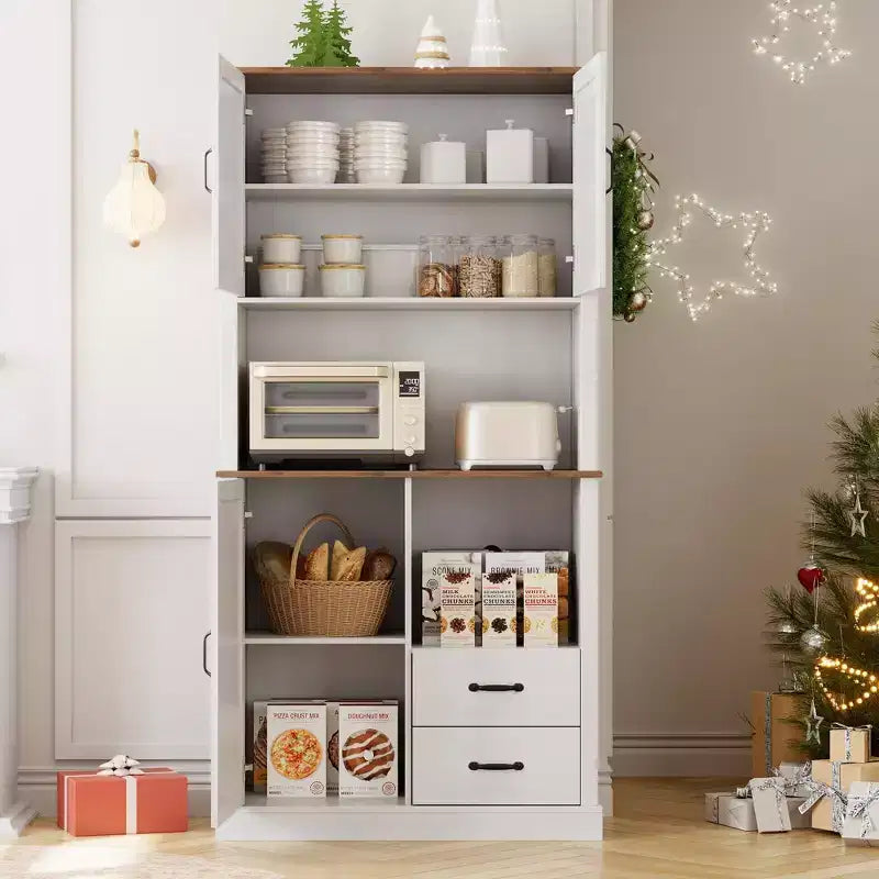 Tall Freestanding Pantry Cabinet with 2 Drawers, 3 Cabinet Doors and Open Microwave Shelf