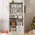 Tall Freestanding Pantry Cabinet with 2 Drawers, 3 Cabinet Doors and Open Microwave Shelf