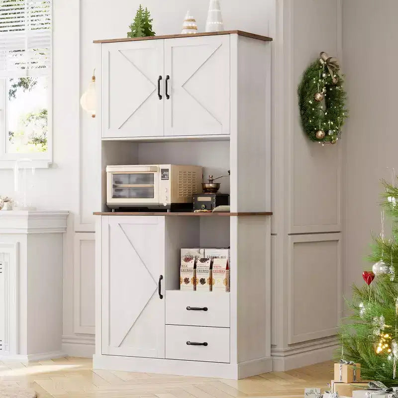 Tall Freestanding Pantry Cabinet with 2 Drawers, 3 Cabinet Doors and Open Microwave Shelf