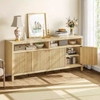 Natural Fluted Storage Cabinet, 65in Wide Sideboard Buffet Cabinet with Adjustable Shelves and Golden Handles, Accent Coffee Bar Cabinet for Kitchen