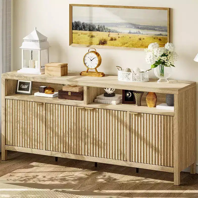 65-Inch Fluted Storage Cabinet with Adjustable Shelves and Gold Handles