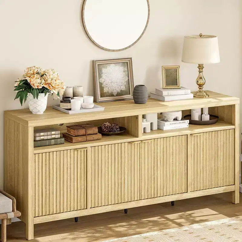 65-Inch Fluted Storage Cabinet with Adjustable Shelves and Gold Handles