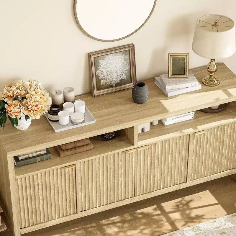 65-Inch Fluted Storage Cabinet with Adjustable Shelves and Gold Handles