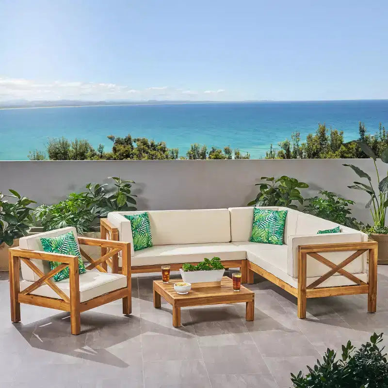 Christopher Knight Home George 5 piece Outdoor Acacia Wood Sectional Set with Coffee Table and Cushions