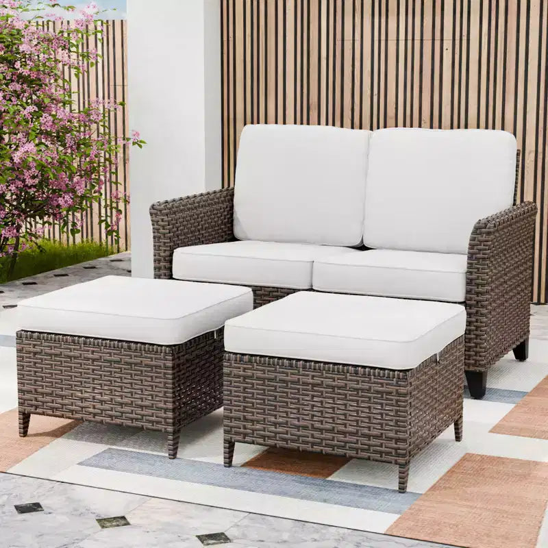 EAGLE PEAK Ocean Vista 3 piece Outdoor Wicker Loveseat Sofa, Variated Wicker Conversation Loveseat Set with Ottoman
