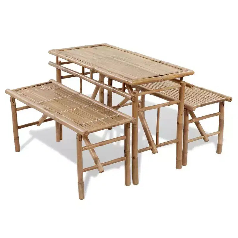 vidaXL Bamboo Picnic Table Bench Set 3-Piece - Outdoor Folding Beer Garden Patio Furniture - Brown Rectangular Dining Table and Benches