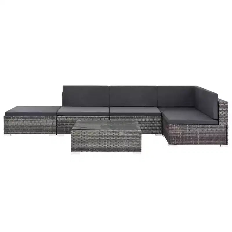 vidaXL Patio Lounge Set - 6-Piece Poly Rattan Gray Sectional Sofa Set with Coffee Table and Ottoman - Comfortable Outdoor Seating with Cushions