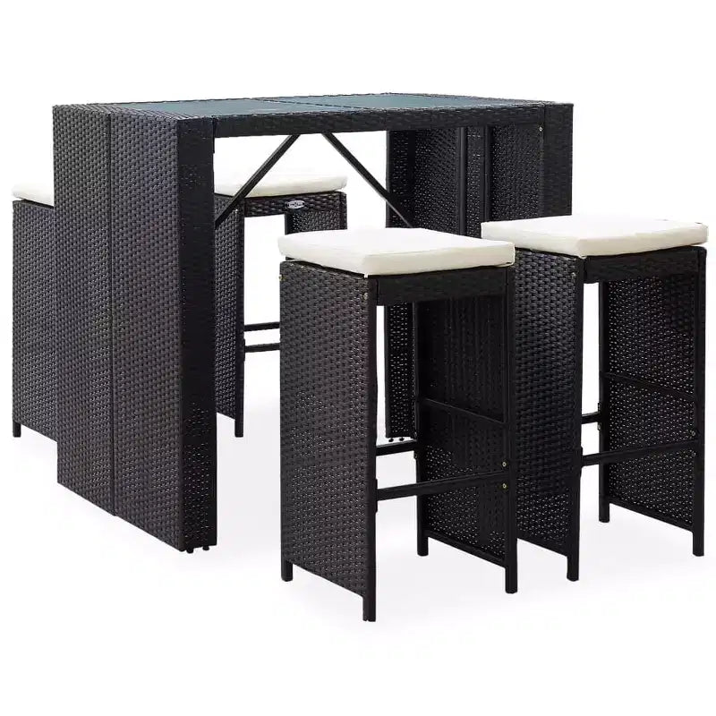vidaXL 5-Piece Patio Bar Set - Poly Rattan and Glass in Black - Includes Comfortable Cushions - Easy Assembly - Suitable for Outdoor Use