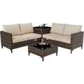 Acekool 4 Piece Black PE Wicker Patio Furniture Set with Storage Table, Sectional Conversation Sofa, Glass Top & Beige Cushions for Outdoor Spaces