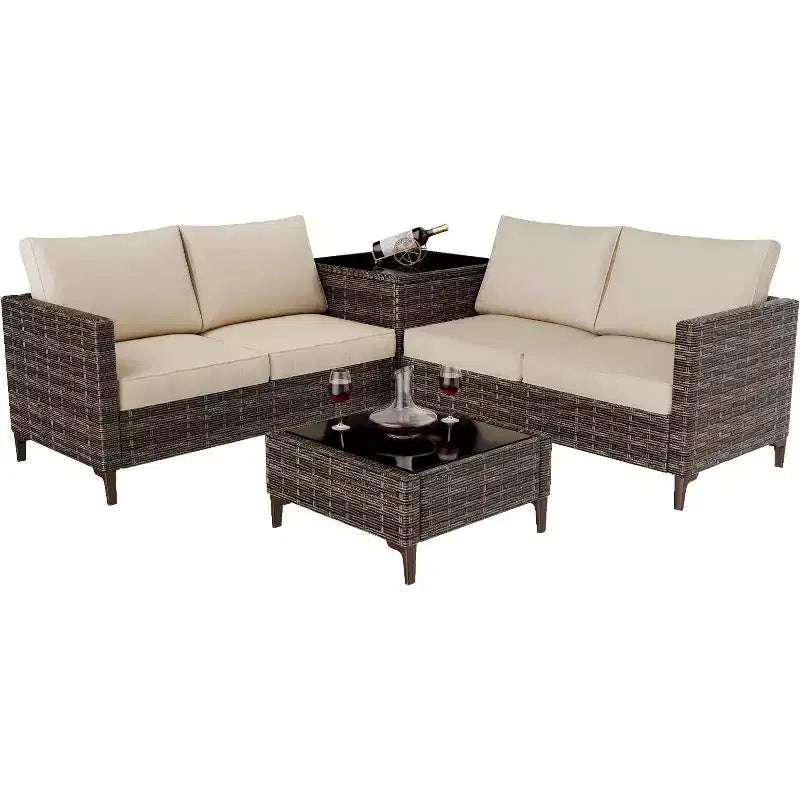 Acekool 4 Piece Black PE Wicker Patio Furniture Set with Storage Table, Sectional Conversation Sofa, Glass Top & Beige Cushions for Outdoor Spaces