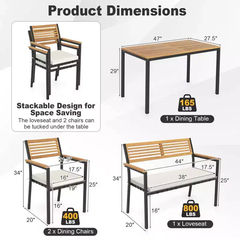Ensemble de mobilier de jardin Costway 4 pièces avec bois d’acacia et structure métallique, parasol, 1 table