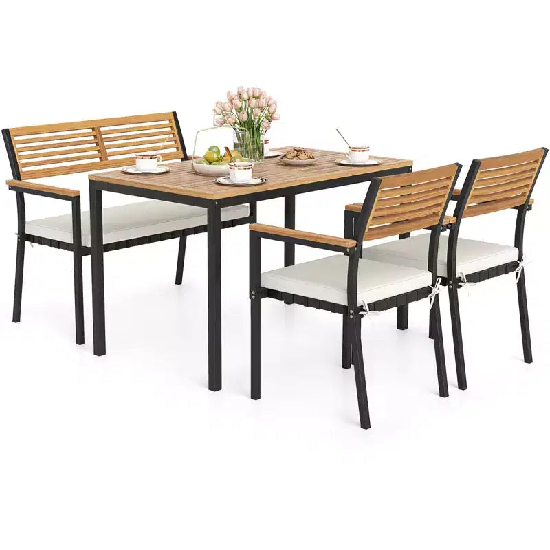 Ensemble de mobilier de jardin Costway 4 pièces avec bois d’acacia et structure métallique, parasol, 1 table