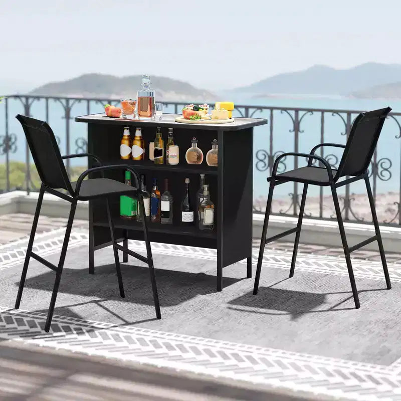 Costway 3 PCS Outdoor Bar Set Bar Height Table & Armchairs with Footrest 2-Tier Shelf Brown/Black/Gray