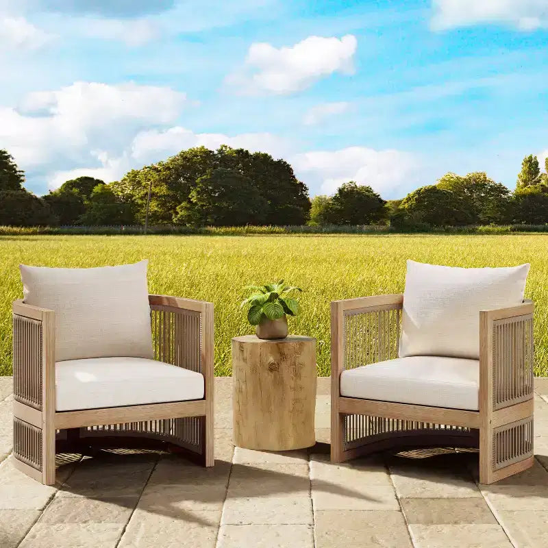 Christopher Knight Home Capheny Boho Patio 3 Piece Acacia Wood Woven Rope Chat Set with Lightweight Concrete Side Table