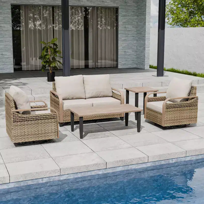 EAGLE PEAK Wicker Outdoor Patio Conversation Set, 2 Swivel Rocking Chairs, 2-Seat Loveseat, Coffee Table and Side Table, 5 Pieces