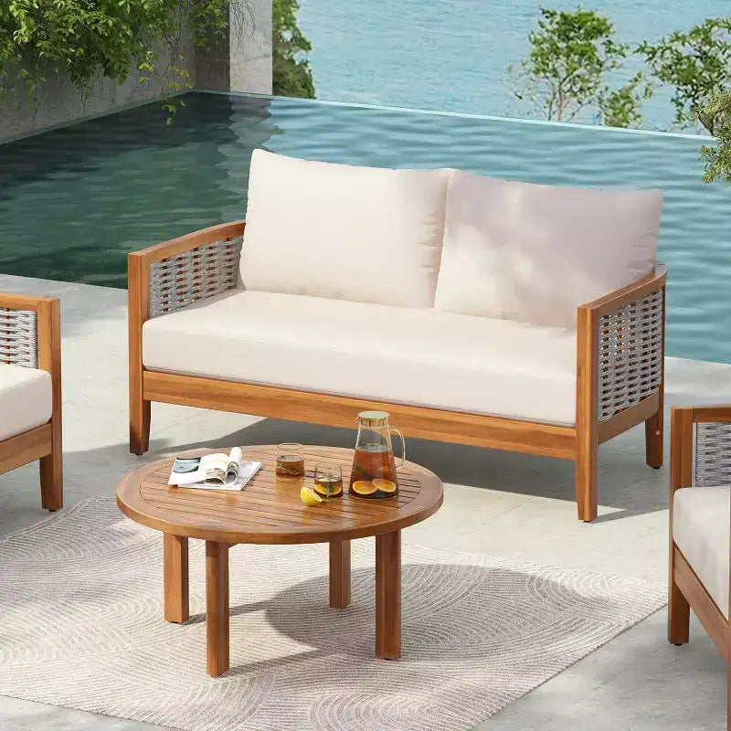 Christopher Knight Home Tulen Modern Patio Acacia Wood Woven Rope Loveseat with Slatted Round Table